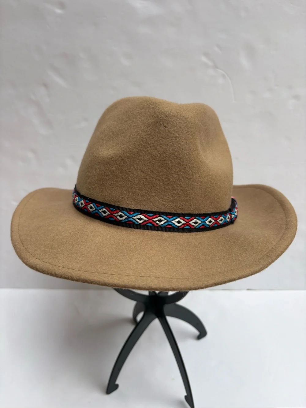 Tan Wool Fedora Hat with Patterned Band - Women Accessories Farmcore